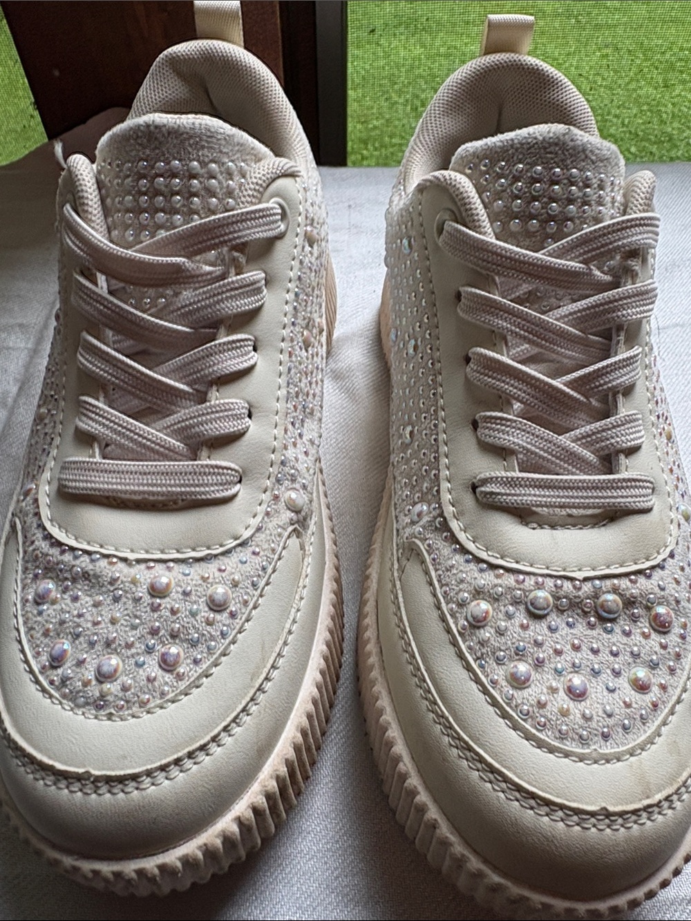 Lucky Step Pearl Rhinestone Chunky Platform Sneaker Ivory Bling 6